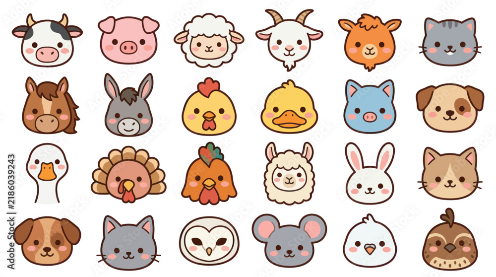 Obraz premium Collection of cute farm animal faces