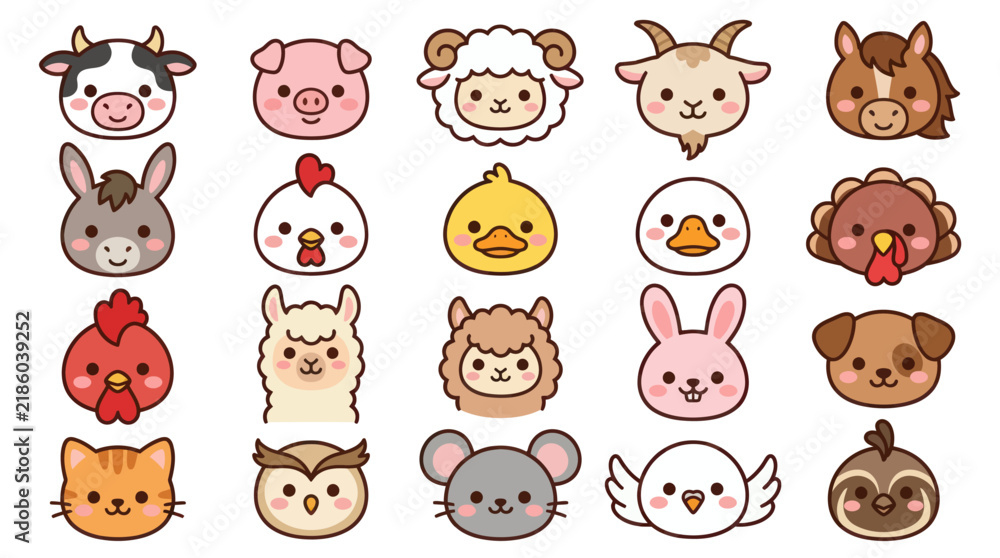 Obraz premium Collection of cute farm animal faces