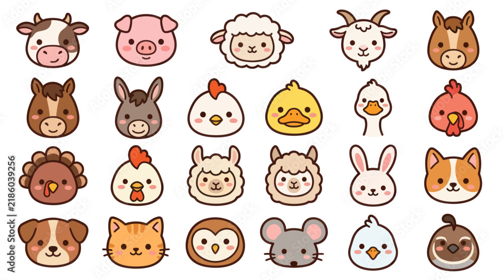 Obraz premium Collection of cute farm animal faces