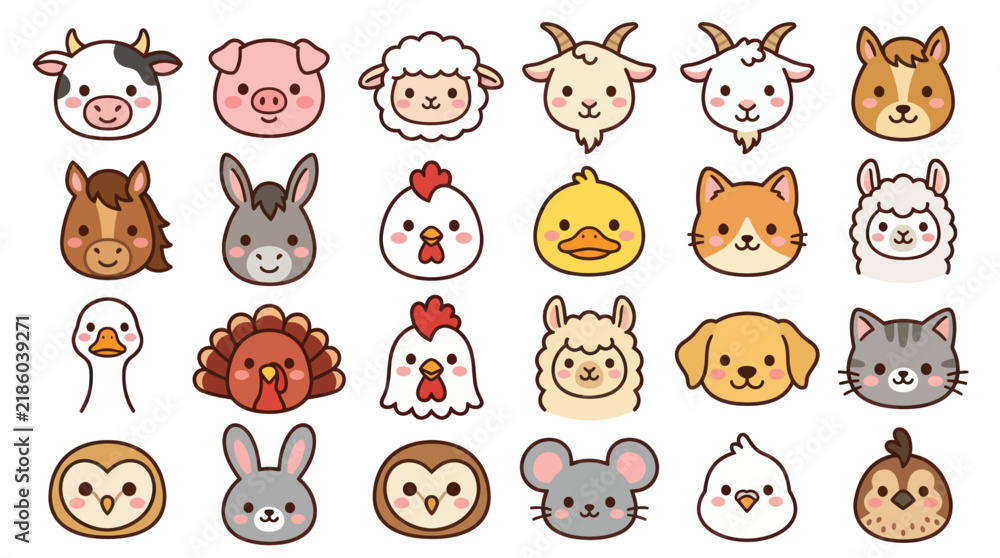 Fototapeta premium Collection of cute farm animal faces