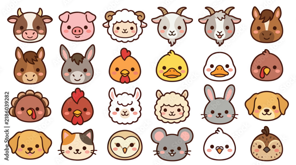 Fototapeta premium Collection of cute farm animal faces