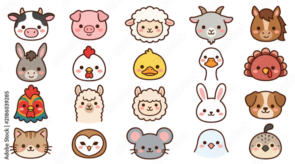 Fototapeta premium Collection of cute farm animal faces