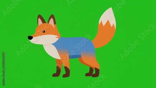 Animated Fox Walking in Blue Vest on Green Screen Seamless Loop for Nature Animation and Wildlife Content