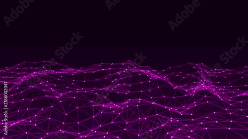 Purple digital network mesh surface with glowing nodes and connecting lines moving over a dark background abstract background data