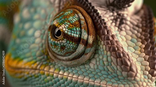 Close up macro eye of chameleon with textured skin in soft natural lighting during a subtle camera zoom out