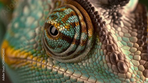Extreme closeup of a chameleon's eye with intricate scales during a slow zoom out against a dark background