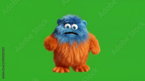 Furry Blue Monster Dancing with Sad Expression on Green Screen Background