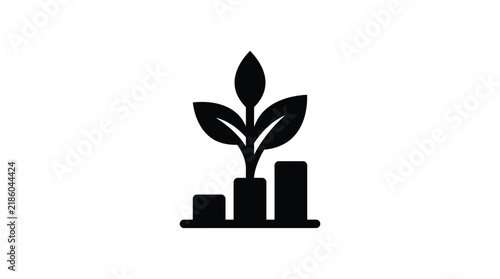 Plant growth with rising bar graph a black silhouette on transparent background