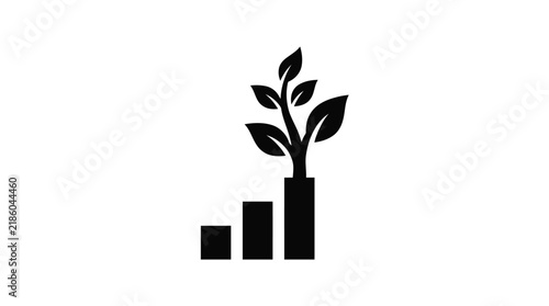 Growing plant with rising bar graph a black silhouette on transparent background