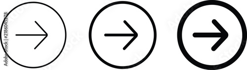 Right arrow icon set for next forward direction on isolated transparent background, minimalist vector outline symbol for pointer navigation circle, clean mobile application user interface element