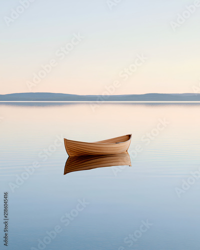 Serene Zen Nature Landscape with Wooden Rowboat Reflection and Ample Copy Space 