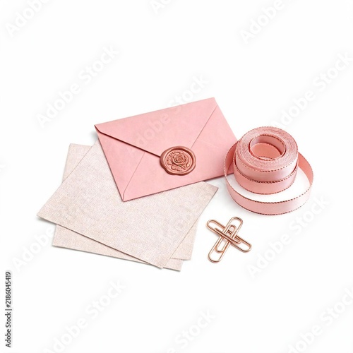 Rose gold branding kit with wax seal and ribbon spool isolated on a plain white background with metal paper clips arranged white surface envelope with envelope