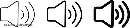 Speaker icon set for audio volume sound on isolated transparent background, minimalist vector outline symbol for megaphone announcement wave, clean mobile application user interface element