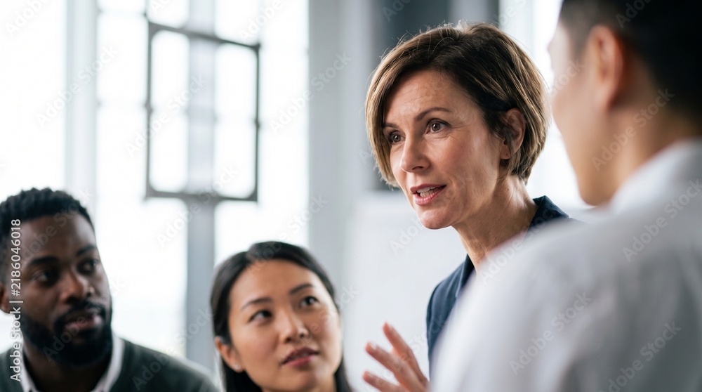 Obraz premium Mature female executive speaking at corporate meeting, providing business consulting, financial strategy coaching and team leadership for diverse multiracial colleagues in modern office room