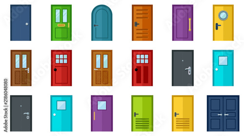 Set of Various Colorful House Doors in Flat Vector Style
