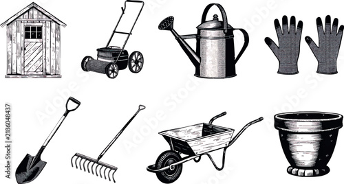Vintage gardening vector set containing eight separate isolated objects: a small wooden garden shed, classic manual lawn mower, metal watering can, pair of gardening gloves, garden shovel, metal rake