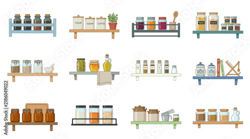 Set of Various Kitchen Shelves with Jars and Containers