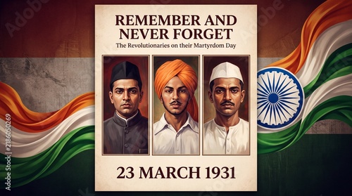 Indian freedom fighters honored in a vintage patriotic poster with national flag artwork for remembrance campaigns and heritage designs