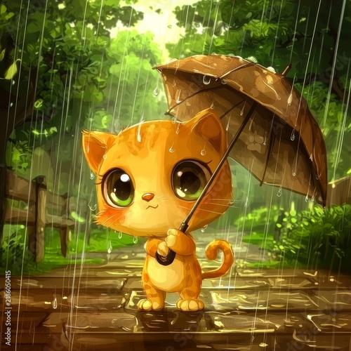 A cute, orange, big-eyed cartoon cat holds a brown umbrella while standing on a wet path in the rain, surrounded by lush green trees