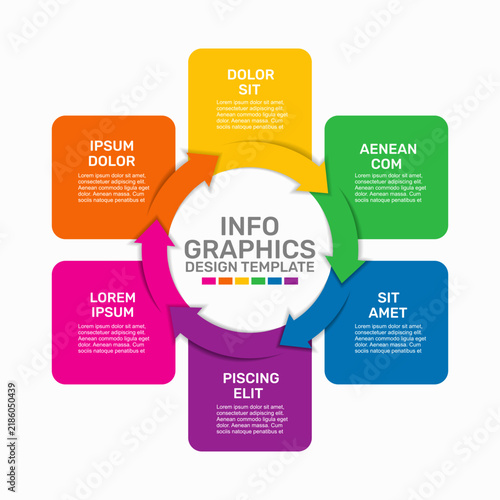 Circular infographic template with arrows and text blocks for business cycle steps, process workflow. Vector illustration.