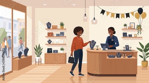 Jewelry Store Scene: A customer browses elegant necklaces in a modern jewelry store, assisted by a friendly sales associate behind the counter.