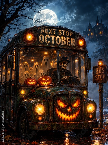 Haunted Halloween Bus on Foggy Forest Road Under Full Moon