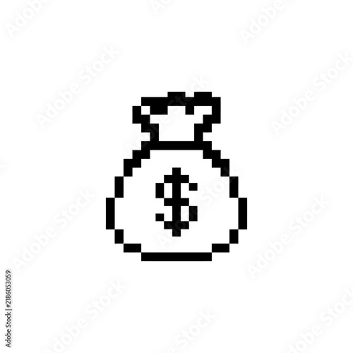 Pixel art money bag icon representing wealth and savings.