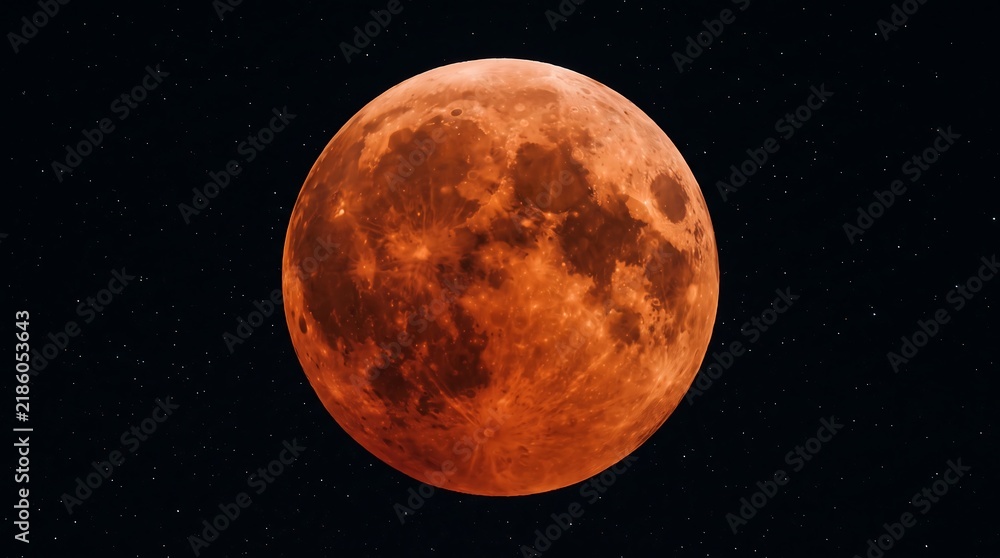 Obraz premium A mesmerizing total lunar eclipse paints the full moon in a deep, fiery red, casting an ethereal glow across the vast, star-studded night sky, a spectacular astronomical event
