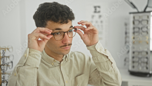 Foto Man tries on round eyeglasses while adjusting frames at an optician shop with eye chart and frame displays; contentment