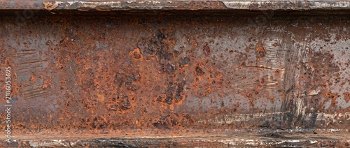 Aged steel beam covered in heavy orange rust and oxidation stains. Close up texture of corroded industrial metal surface. Rough background for construction design