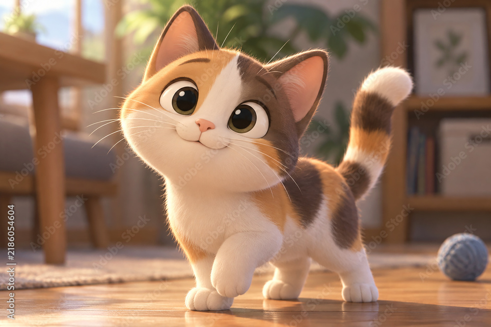 Fototapeta premium 明るい室内を歩くかわいい三毛猫の3Dイラスト