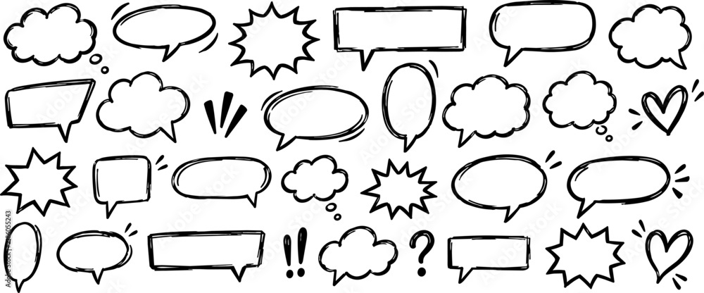 Fototapeta premium Set of hand drawn black speech and thought bubbles with comic frames, hearts and symbols isolated on transparent background, ideal for messages and annotations