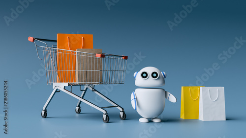 AI Shopping Robot with Cart and Retail Bags. 3d render