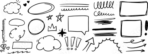 Hand drawn black doodle elements with speech bubbles, arrows, frames, hearts, stars and scribbles isolated on white, ideal for notes and graphic design