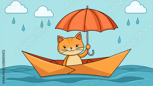 Cartoon orange cat in a paper boat, holding an umbrella on wavy water as rain falls from white clouds in a light blue sky