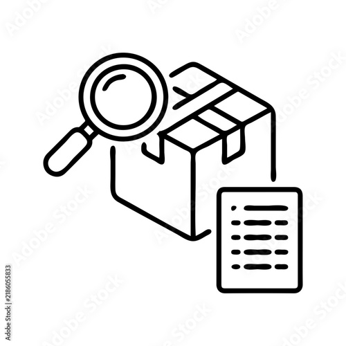 Package Tracking and Inspection Icon, Box with Magnifying Glass and Document Outline Vector Symbol
