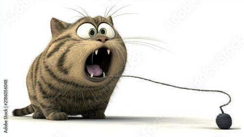 Cartoon tabby cat with wide eyes screaming, pulling a string attached to a dark coiled toy on a white background