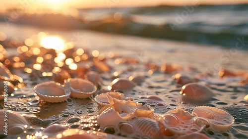 Broken Seashells on Wet Sand with Golden Hour Sun Reflection