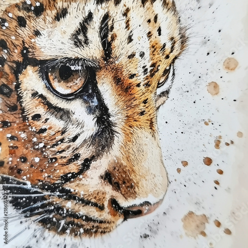 Close-up watercolor painting of a spotted feline's face, warm fur tones, expressive eye, with artistic paint splatters