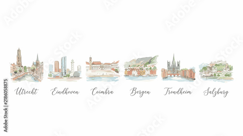 Scenic European City Watercolor Panorama Collection with Newcastle Eindhoven Geneva Bergen Trondheim and Salzburg