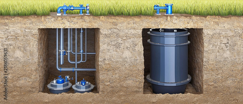 Cross-section: Underground water infrastructure with blue pumps, pipes, and a large cylindrical tank excavated beneath green grass