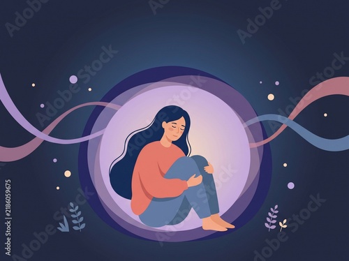 Illustration of a lonely woman sitting inside a glowing circle
