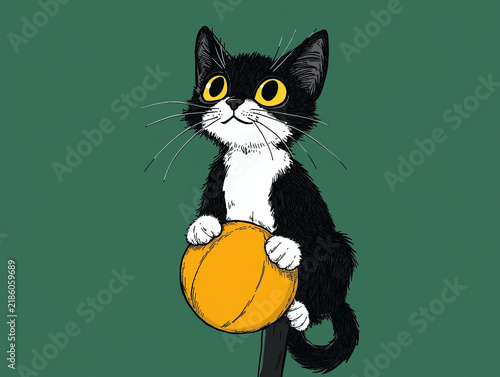 Cute cartoon black and white cat with large yellow eyes holding an orange ball, set against a solid dark green background