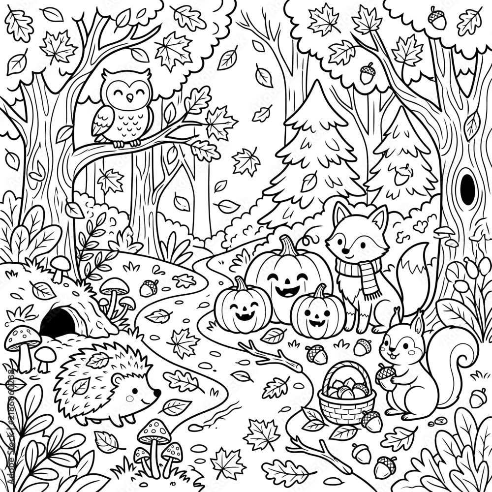 Fototapeta premium Cute autumn forest coloring page featuring woodland animals, pumpkins, mushrooms, leaves, and trees in a detailed black and white line art style
