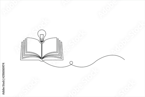 Continuous one line art open book with light bulb idea concept, education, creativity and knowledge symbol, vector illustration