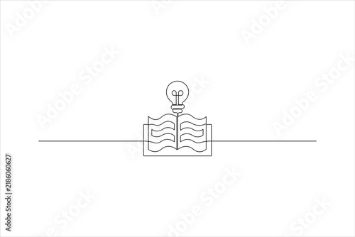 Continuous one line art open book with light bulb idea concept, education, creativity and knowledge symbol, vector illustration