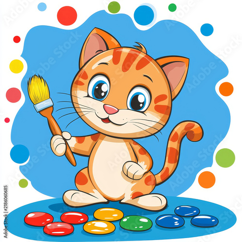 Cute orange cat painting with a brush, surrounded by vibrant paint drops and colorful background circles