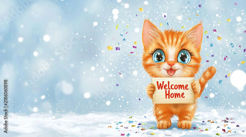 Cute orange kitten with big blue eyes holds a Welcome Home sign in a snowy, confetti-filled landscape