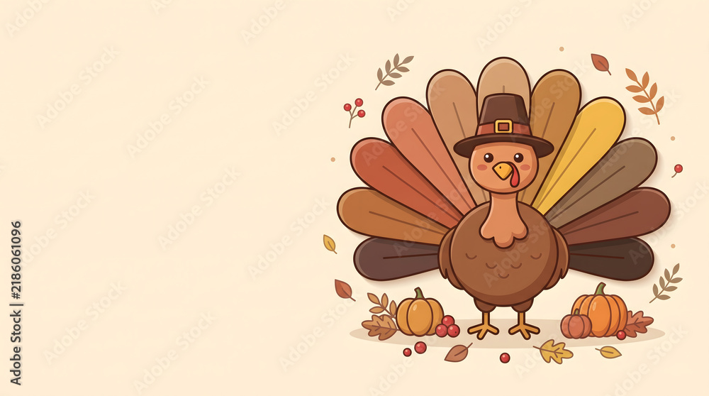 Fototapeta premium Cartoon turkey with autumnal pumpkins and falling leaves vector illustration