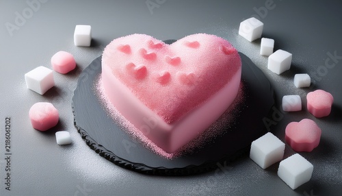 sweet indulgence pink heart cake with sugar cubes on gray background